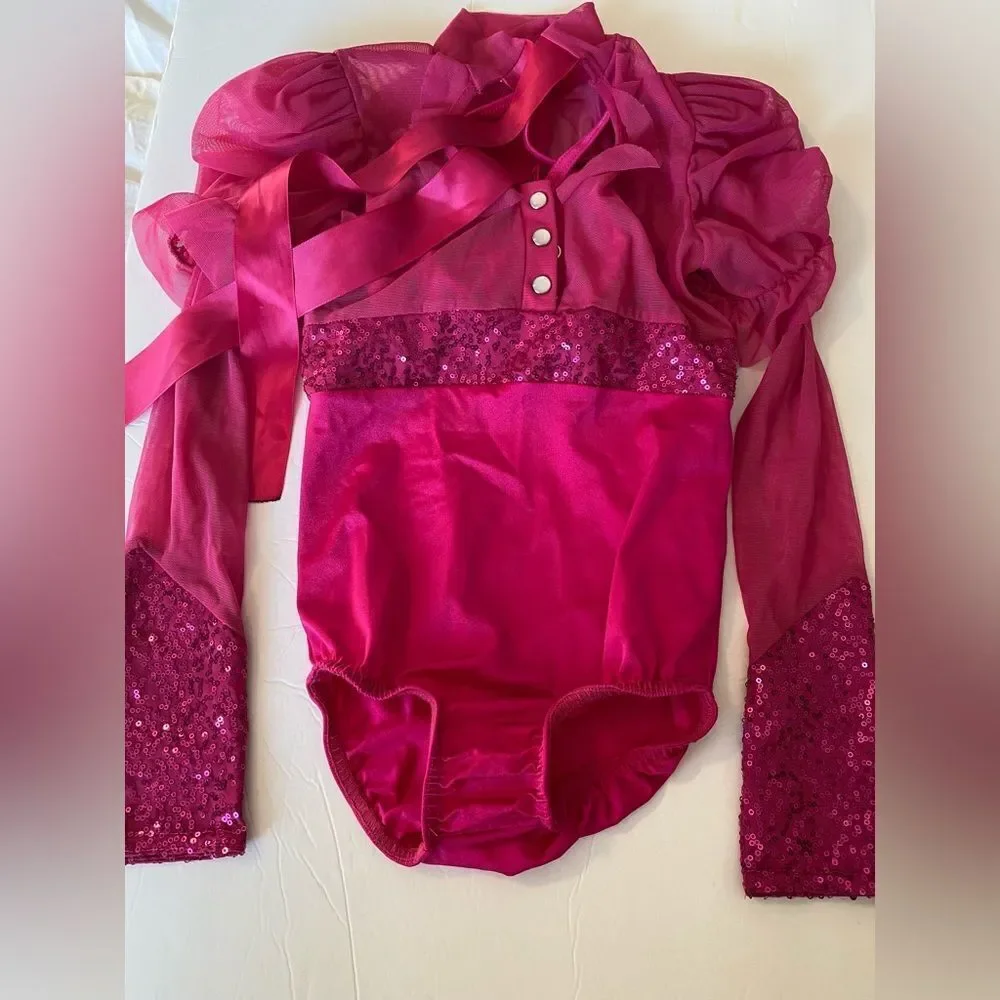 Kelle solo dance costume hot pink 2 piece leotard halter long sleeve mesh MC